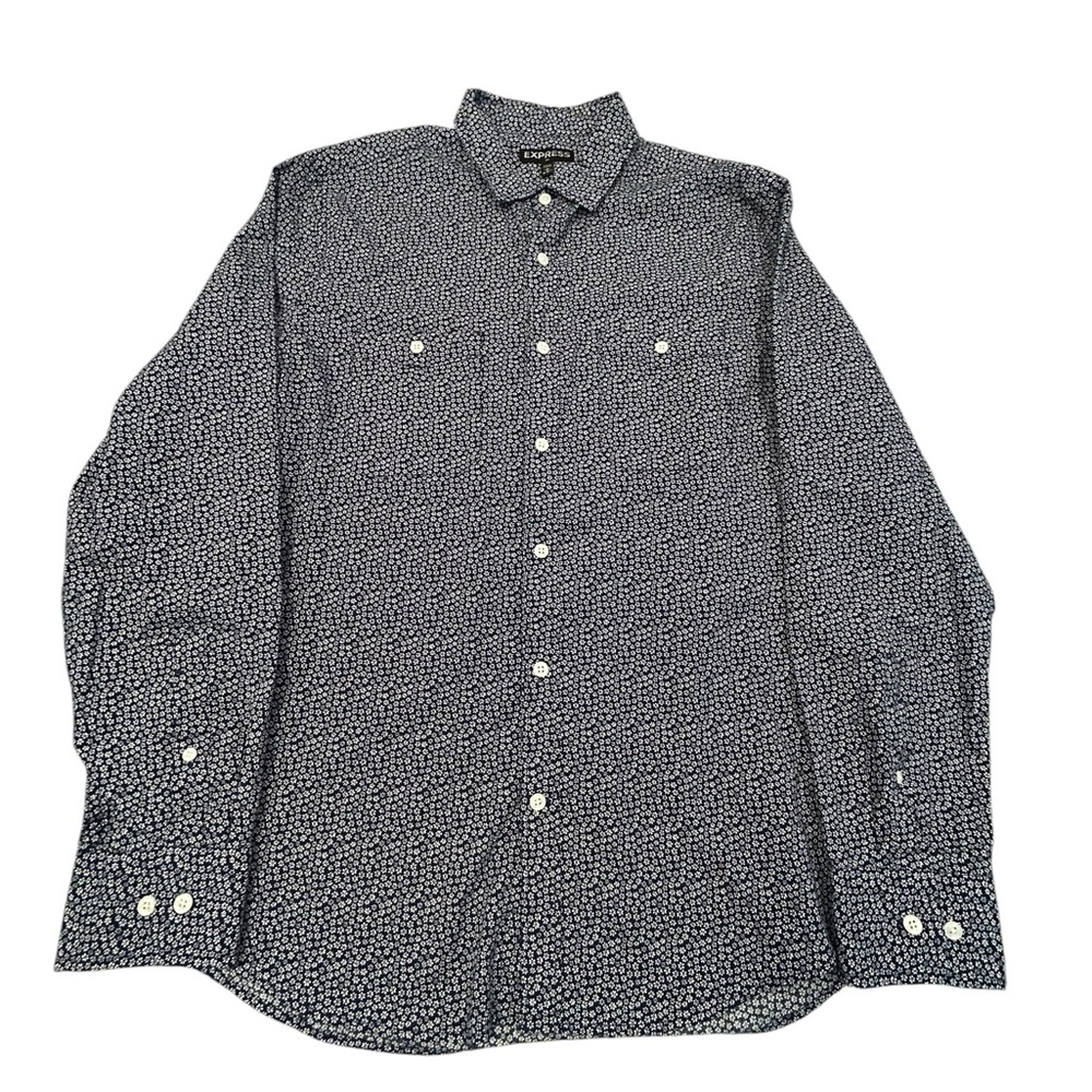 Express Black and White Floral Casual Button Down‎ Shirt L 16-16.5